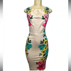 9&Co Dress Tan Pink Floral Print Sleeveless sheath midi Dress size 8
